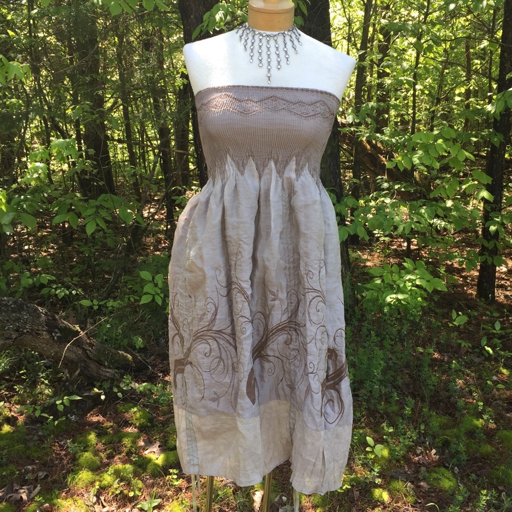 Anthropologie Lapis Dress or Skirt Elastic Bodice Festival Faire Taupe Cream